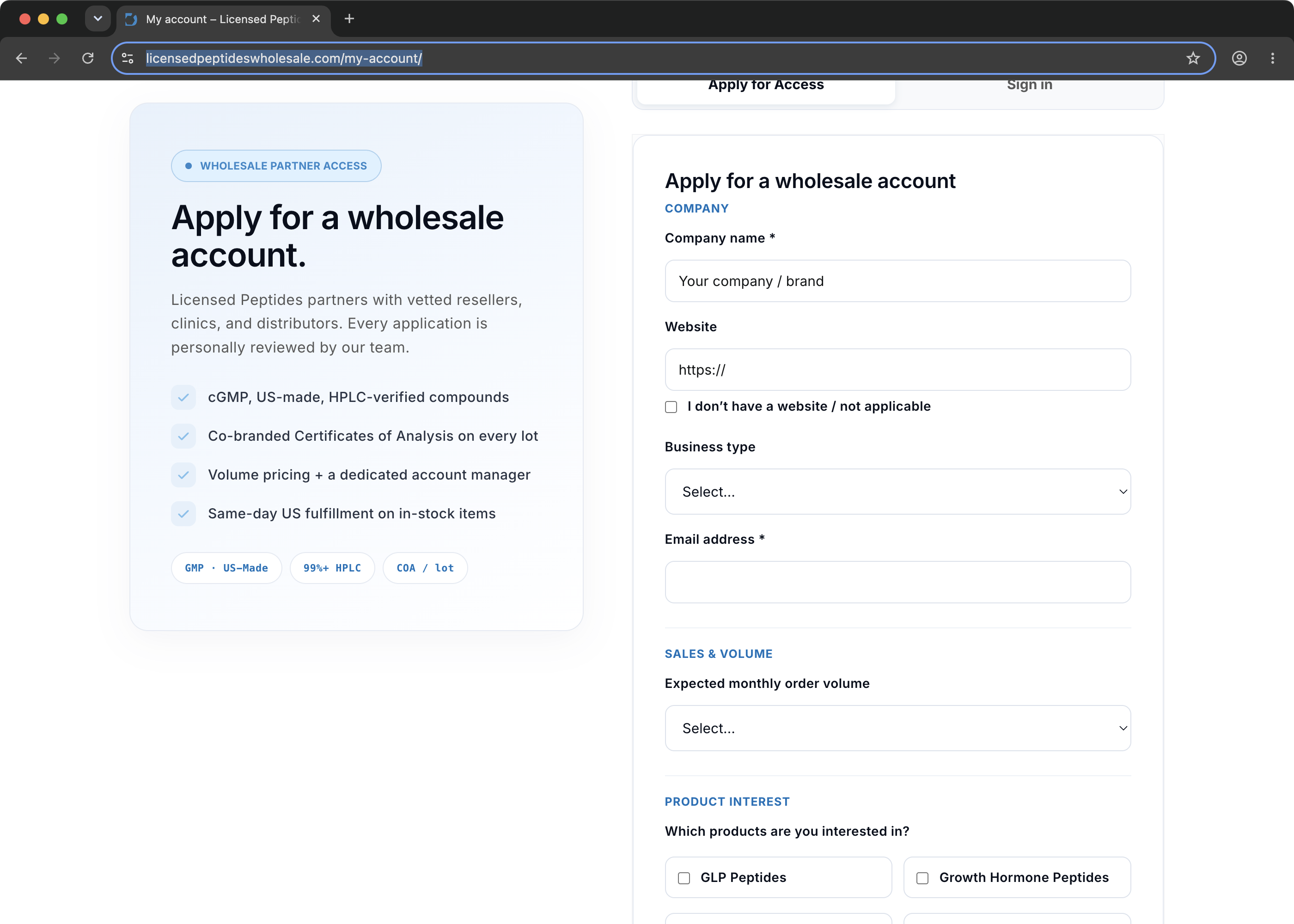 Top of the wholesale application form
