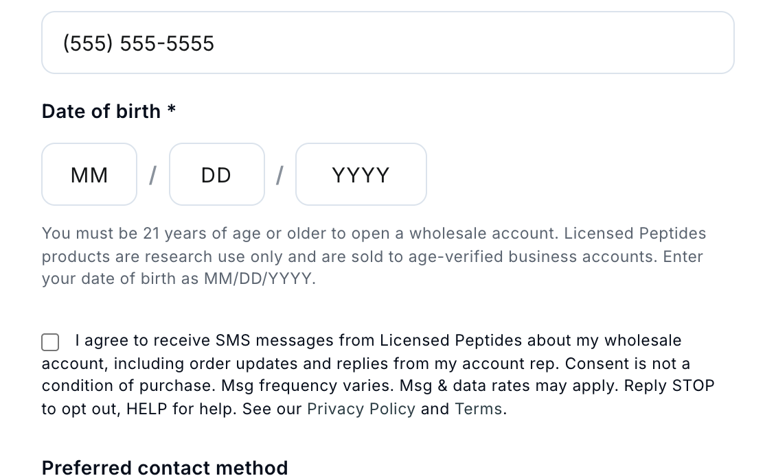 Date of birth entry above the SMS consent checkbox