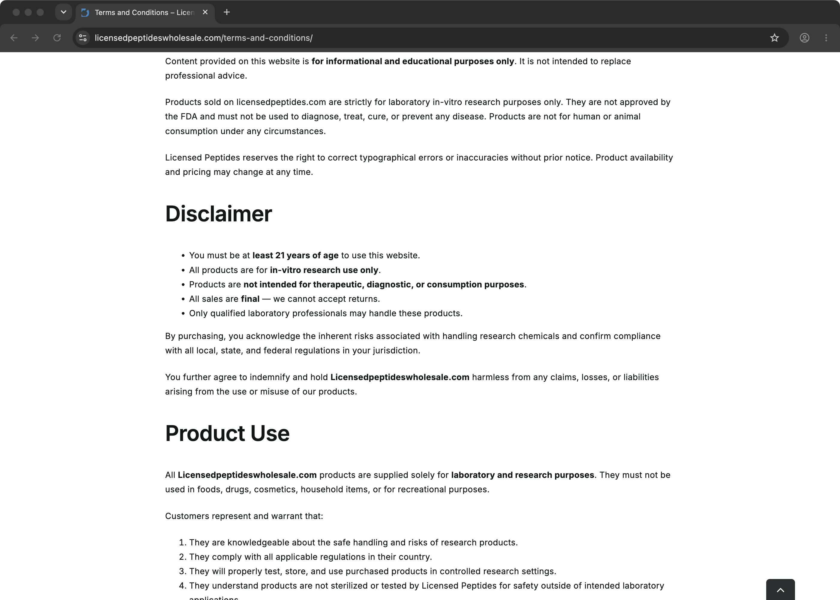 Terms and Conditions stating the 21+ requirement