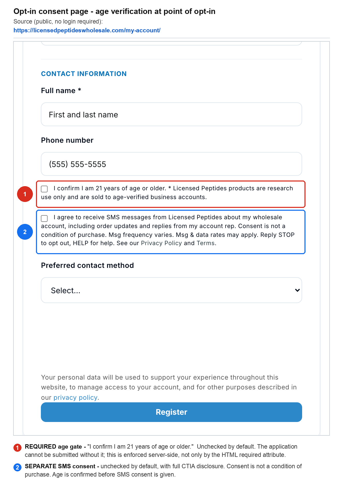 Annotated detail of the age gate and SMS consent checkboxes