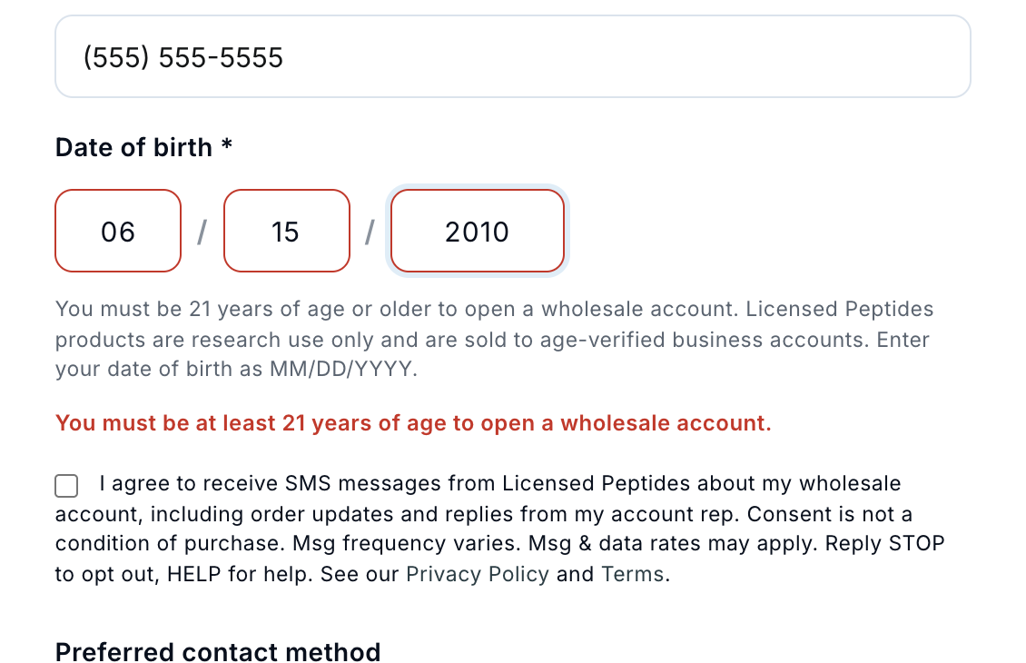 Under-21 date of birth rejected with an error