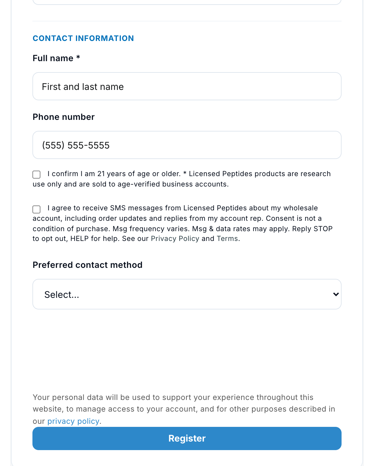 Unannotated detail of the age gate and SMS consent checkboxes